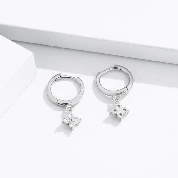 Dainty Crystal Flower Charm Hoop Earrings in Silver - Picture 2 of 6